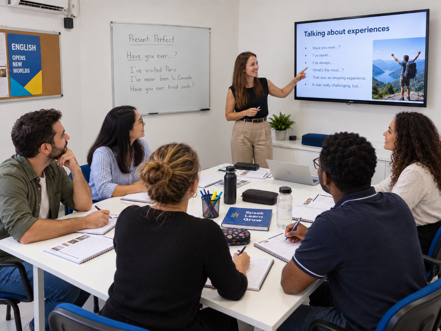 Turma de adultos da IOWA em aula de conversação