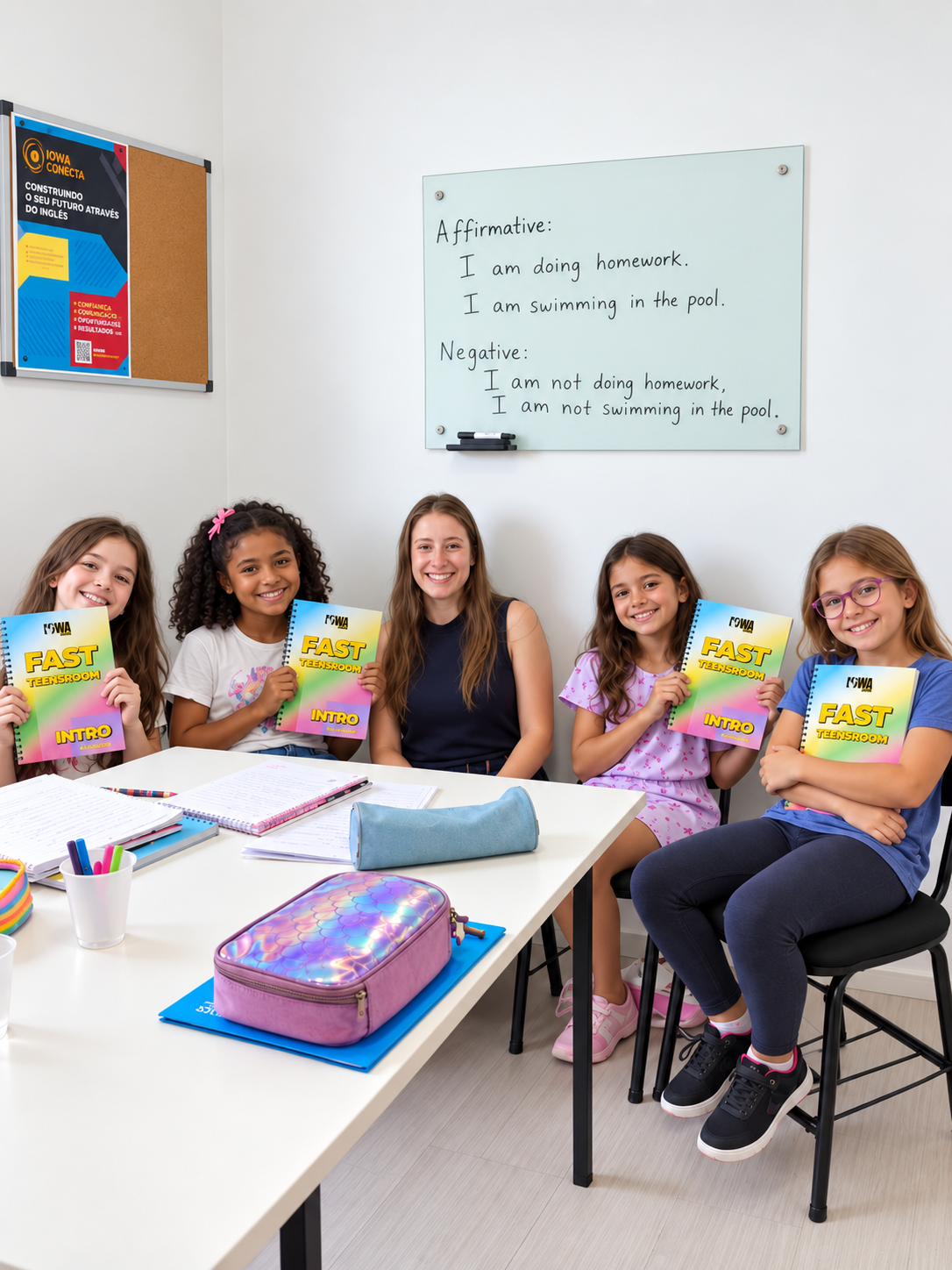 Crianças do curso Kids da IOWA com o material FAST Teensroom