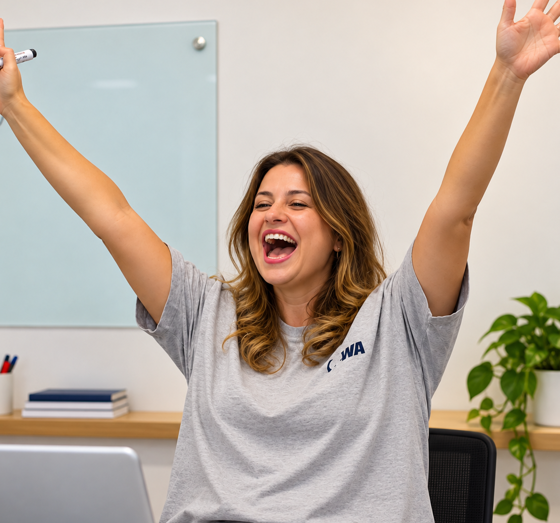 Professora da IOWA comemorando em sala de aula